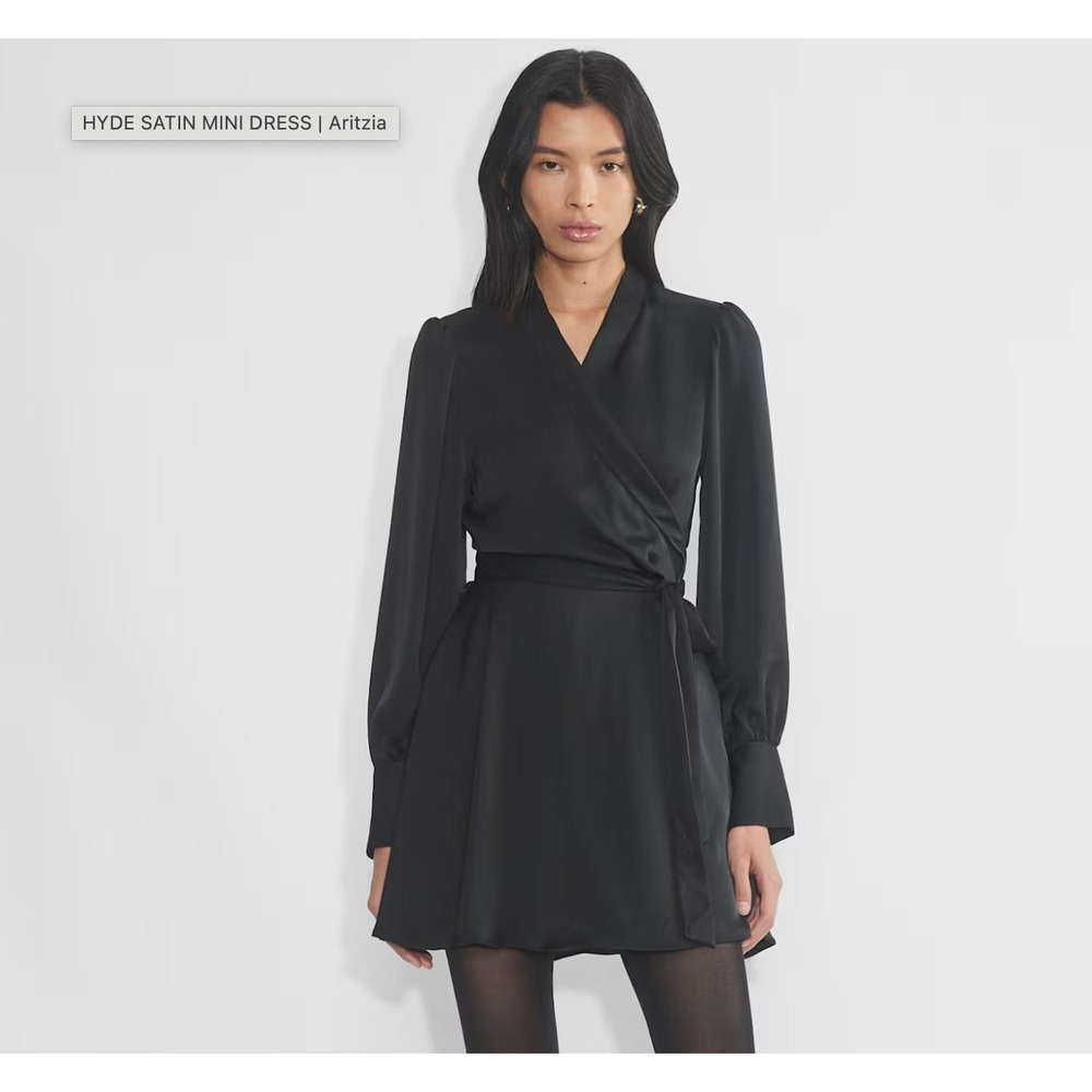 Babaton Aritzia Black Satin Wrap Mini Dress Long Sleeve V-Neck Tie Waist XS